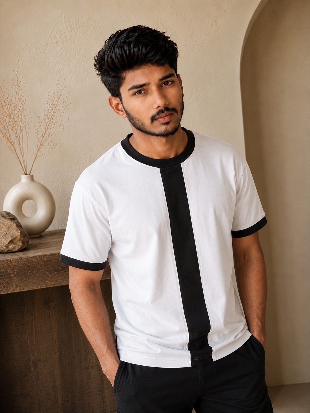 WHITE & BLACK BACK STRIPE REGULAR SIZE TEE 180 GSM